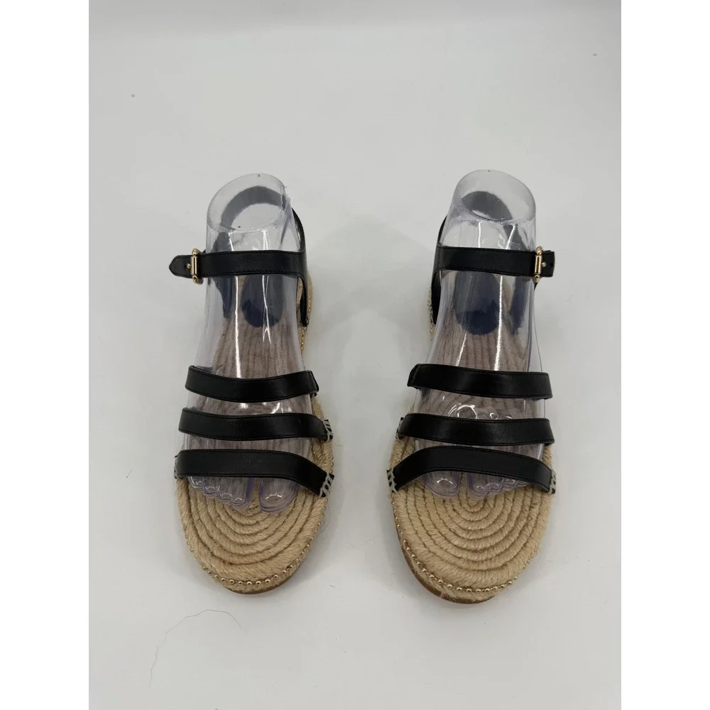 Coach Women Black Leather Espadrille Gladiator Sandals Multi Strap Gold Bead 7.5
